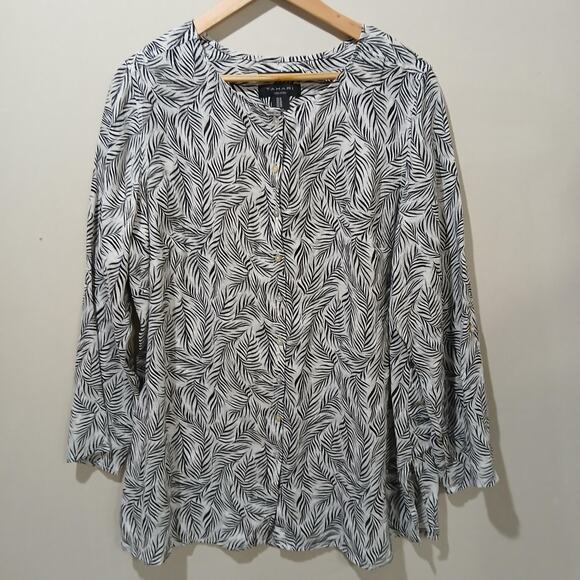 Tahari Shirt Womens 1X White Black Linen Leaf Print Button Front Tunic Top - Picture 2 of 13